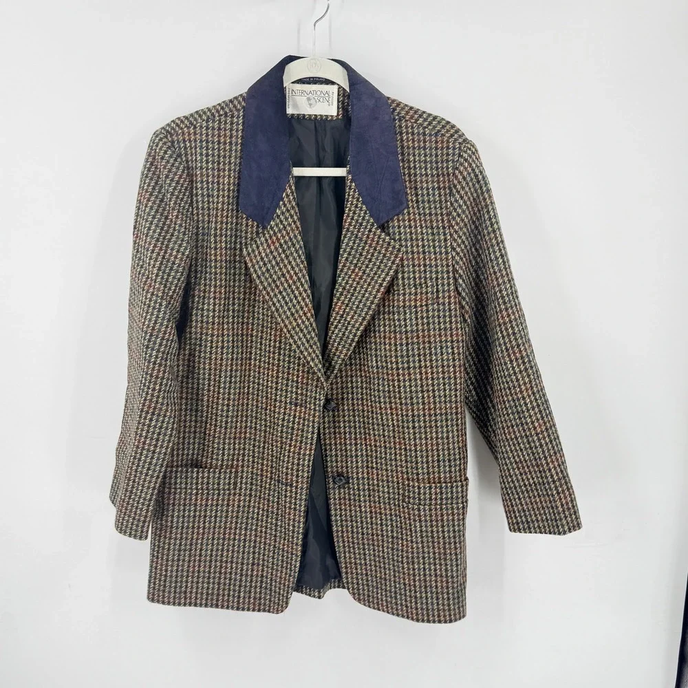 Vintage International Scene Wool Houndstooth Blazer Suede Collar Pocket Size 7/8